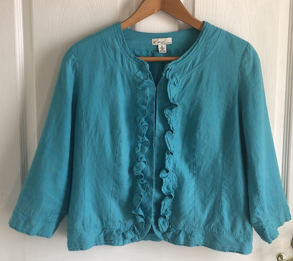 Linen jacket blazer Womens Med Ruffle trim 3/4 length sleeve lined Kim Rogers